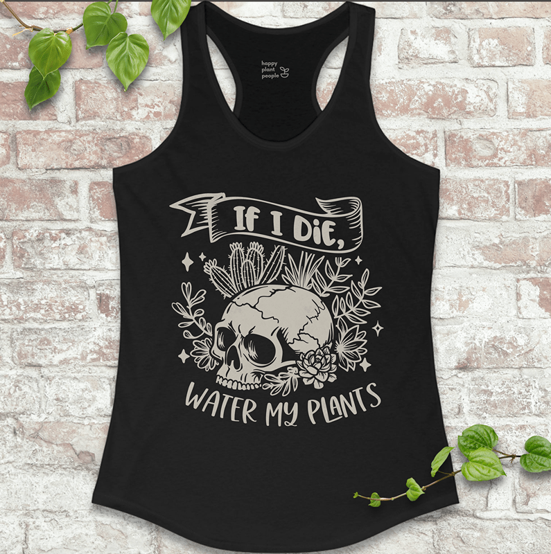 Spooky skeleton and houseplants design on fitted black racerback tank