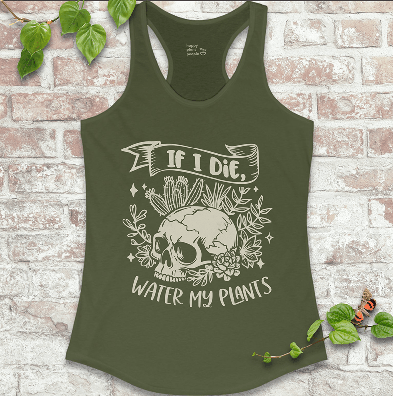 Cozy goth plant tee with skeleton design on olive green racerback tank