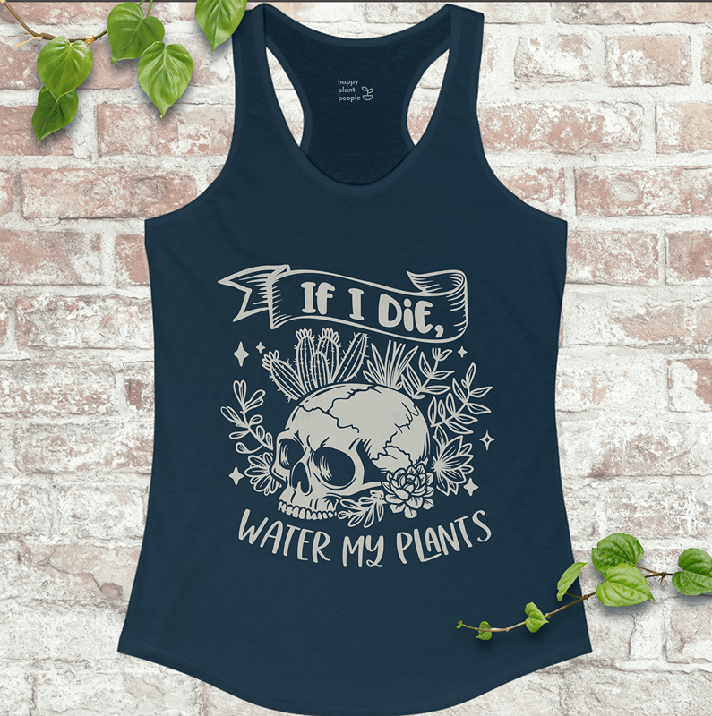 Fitted navy tank with spooky houseplant skeleton design for cozy goth plant girls