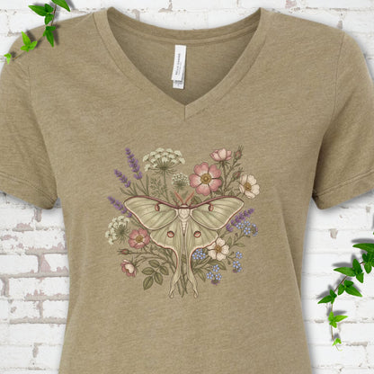 Heather Olive Bella Canvas® V-neck T-shirt flat lay featuring a pale luna moth surrounded by pink, lavender, blue and white wildflowers.